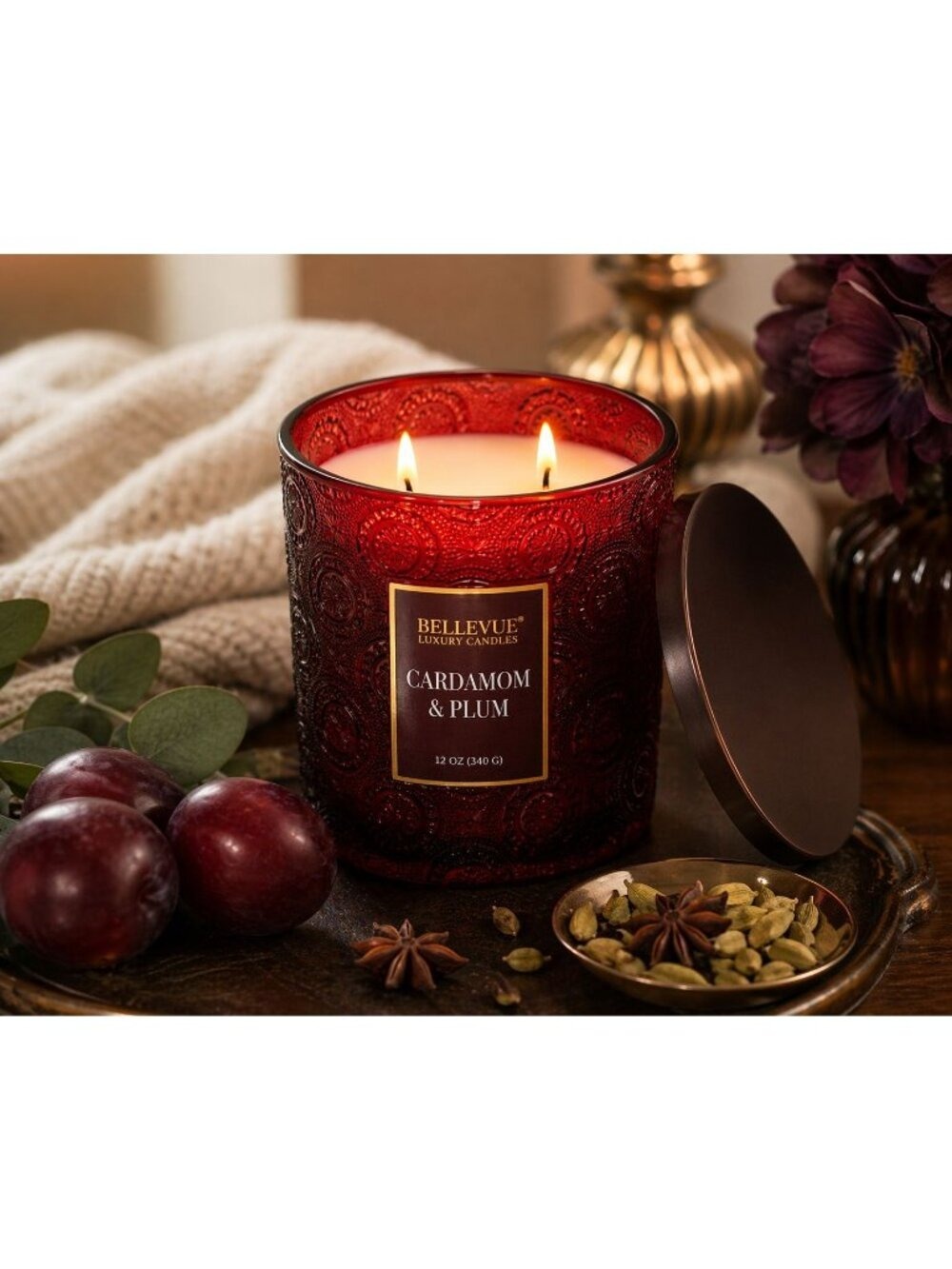 Bellevue Luxury 2-Wick Candle Cardamom & Plum 12oz Decorative Glass Jar NEW - Picture 4 of 8